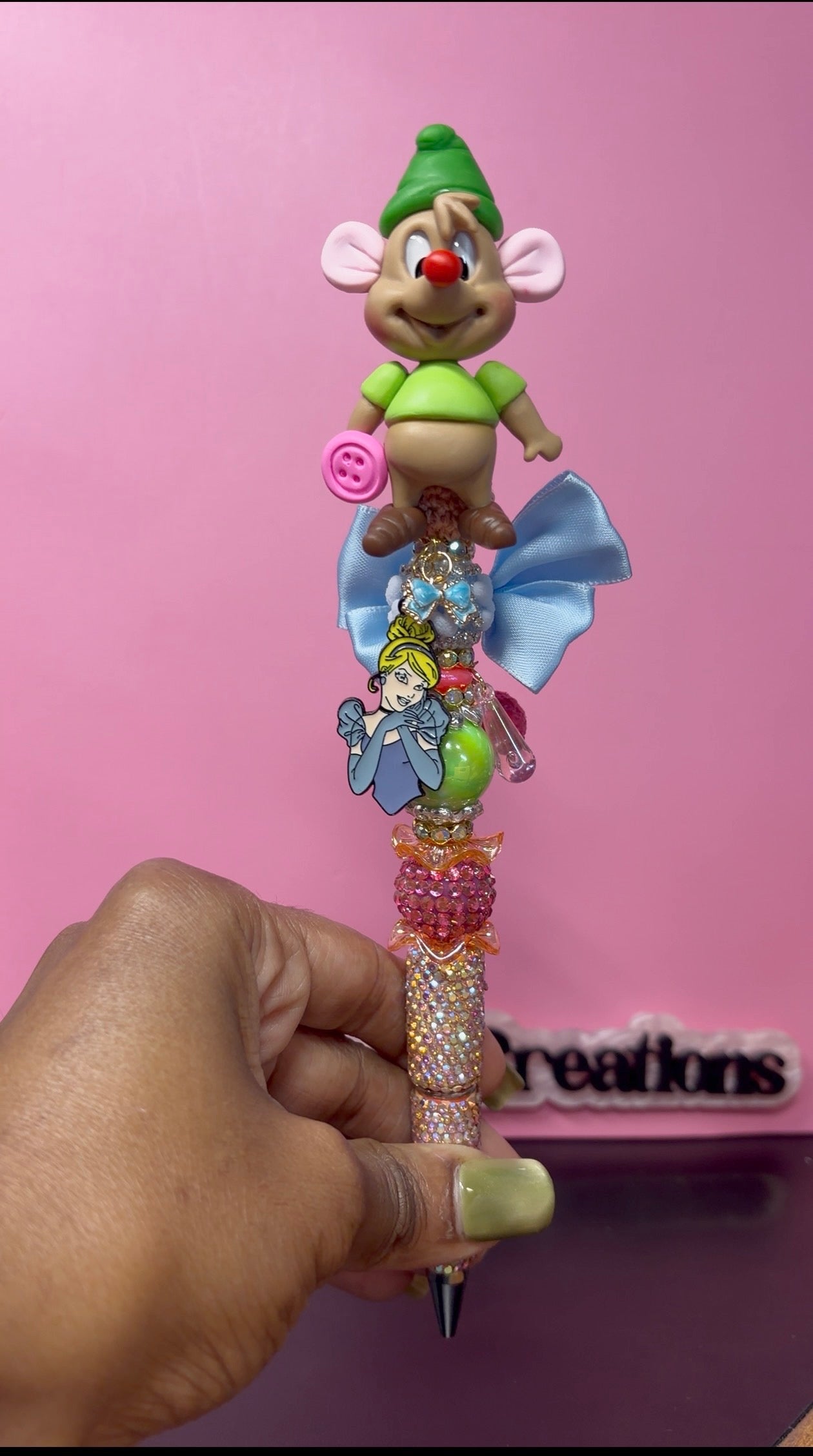 Glass Slipper Mouse Clay Doll Beaded Rhinestone Pen