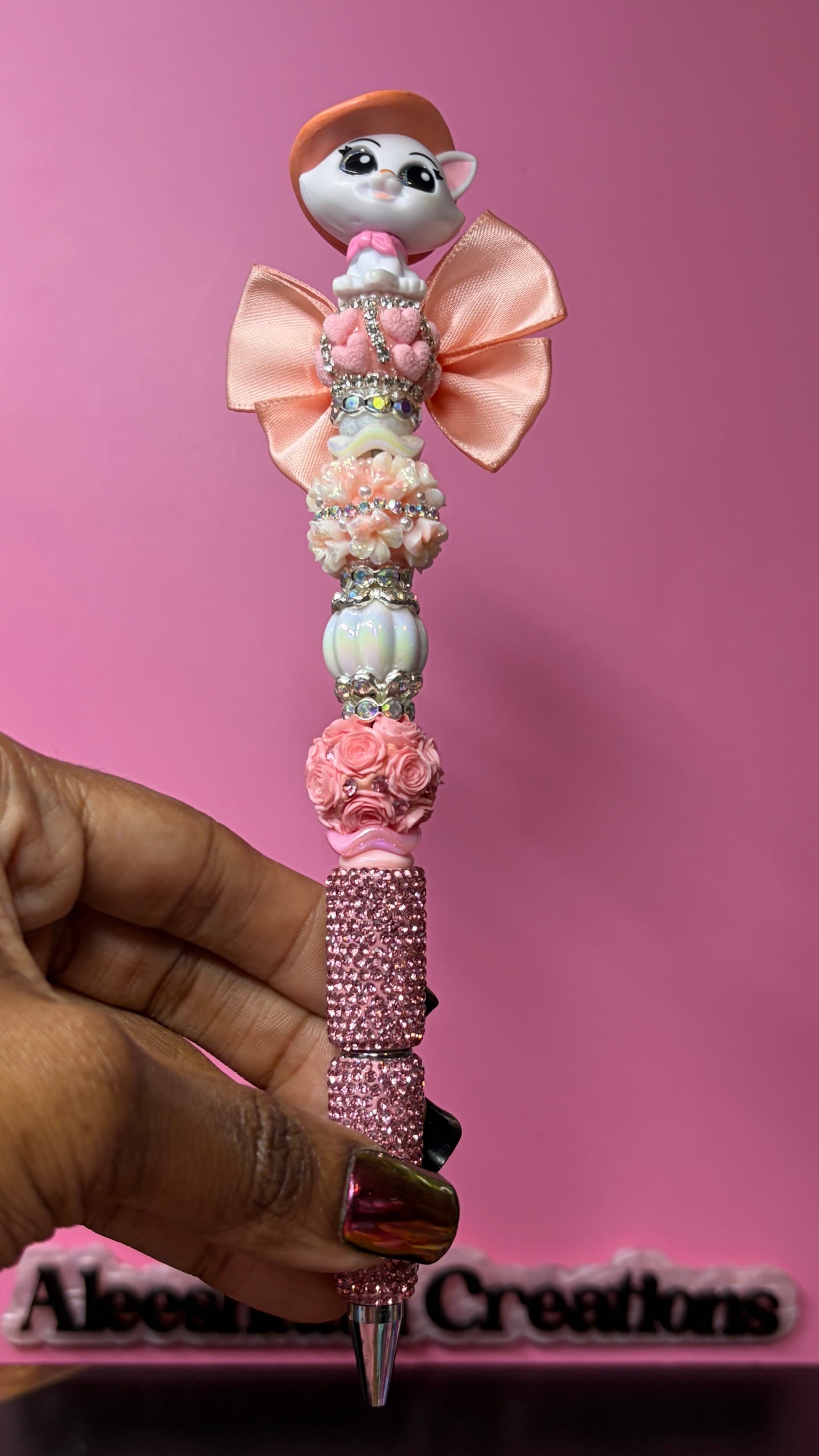 Pink Bow Cat Beaded Rhinestone Pen