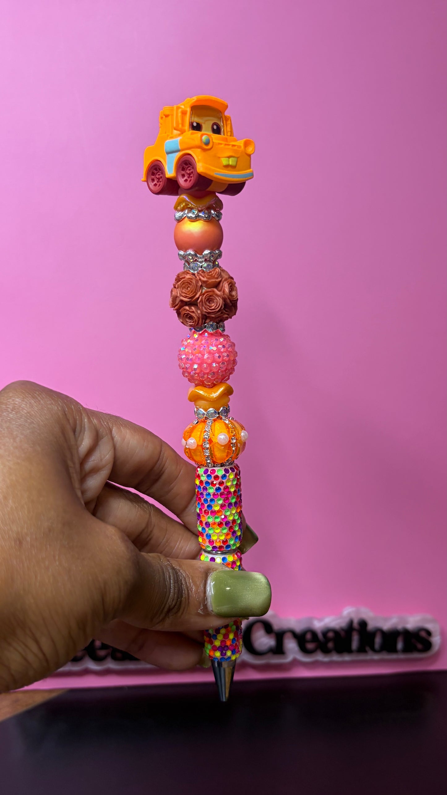 Matching Neon Race Car & Tow Truck Beaded Rhinestone Pens