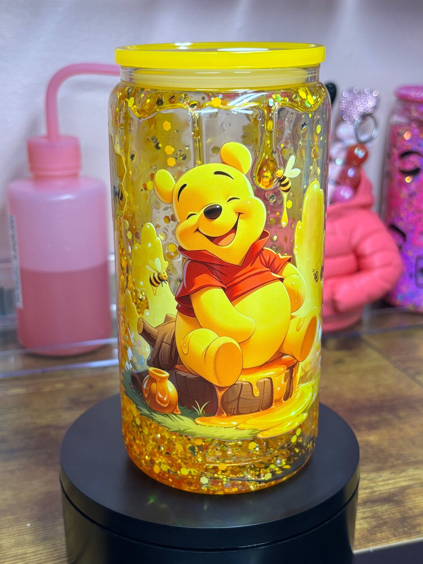 Honey Drip Bear Glass Snow Globe Cup - 16 oz Premade