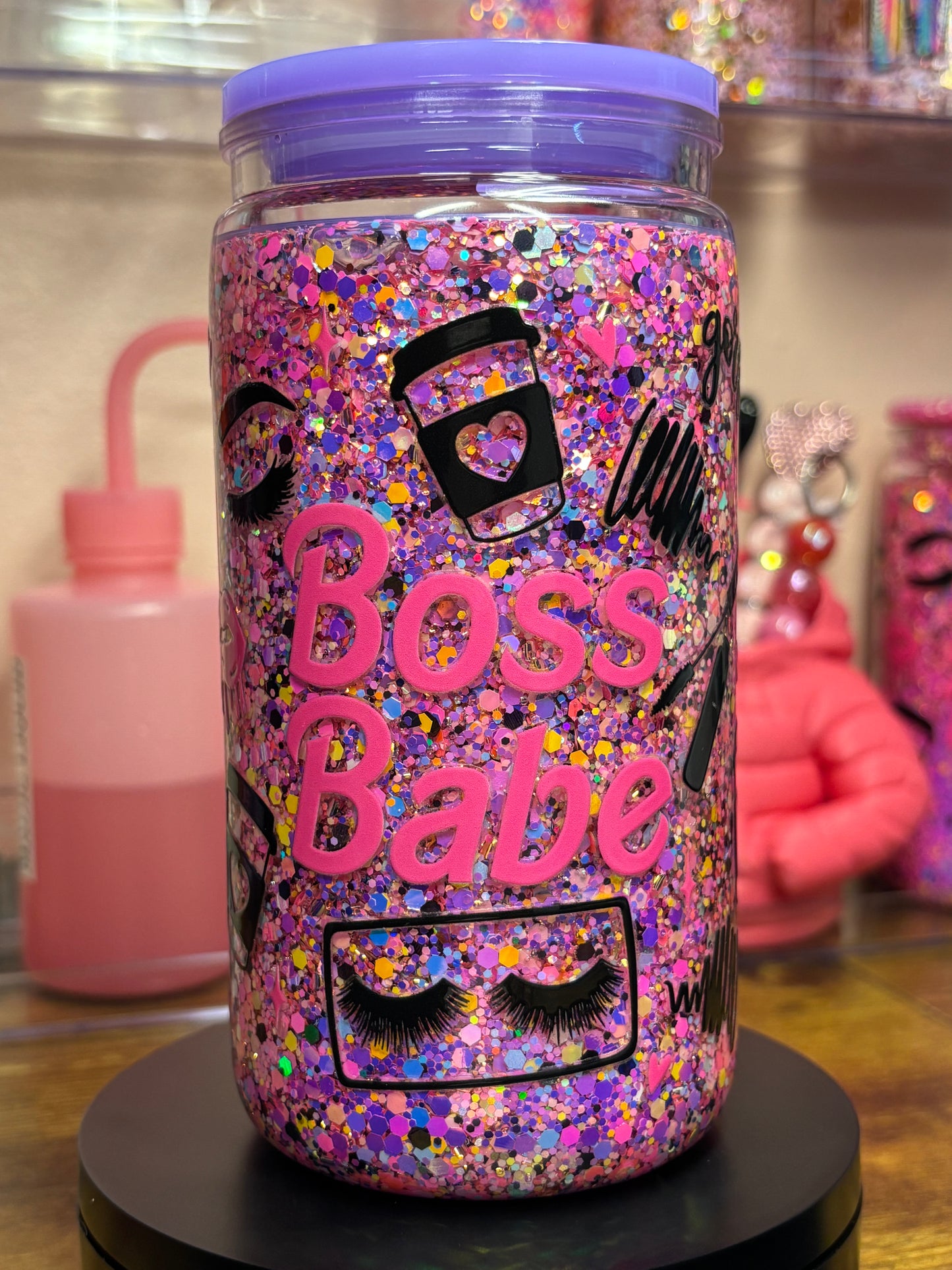 Boss Babe Pink Glitter Mix Acrylic Snow Globe Cup - 16 oz Premade