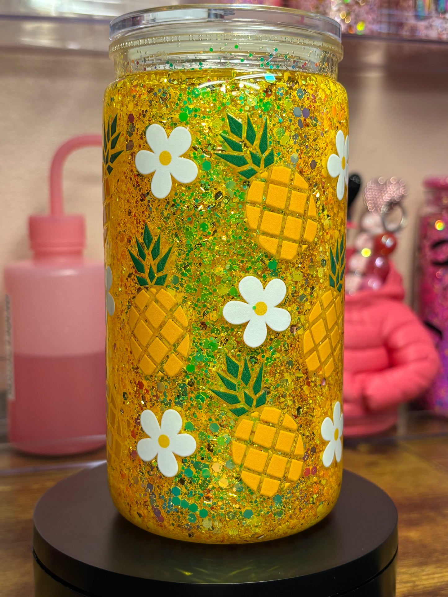 Pineapple Glitter Acrylic Snow Globe Cup - 16 oz Premade