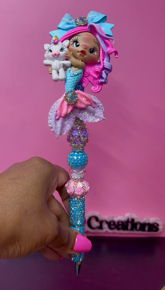 Unicorn Mermaid Clay Doll Rhinestone Pen