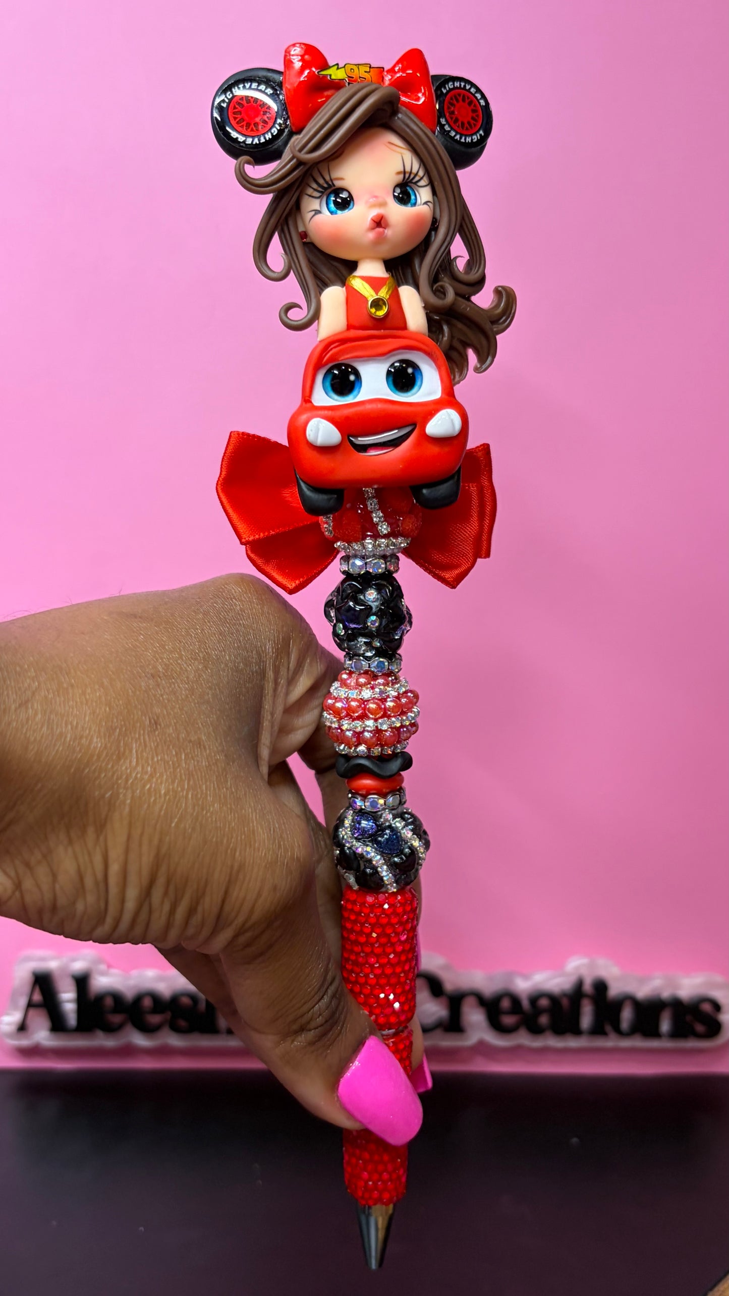 Race Car & Tow Truck Girl Clay Doll Rhinestone Pen