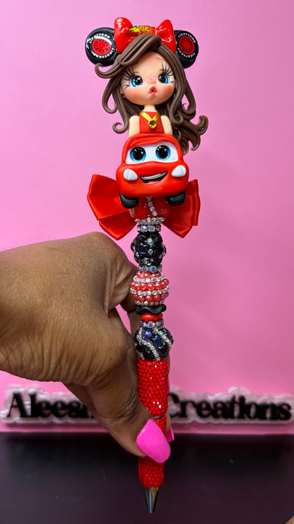 Race Car & Tow Truck Girl Clay Doll Rhinestone Pen