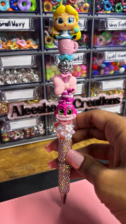 Storybook Girl & Smiling Cat Beaded Rhinestone Pen