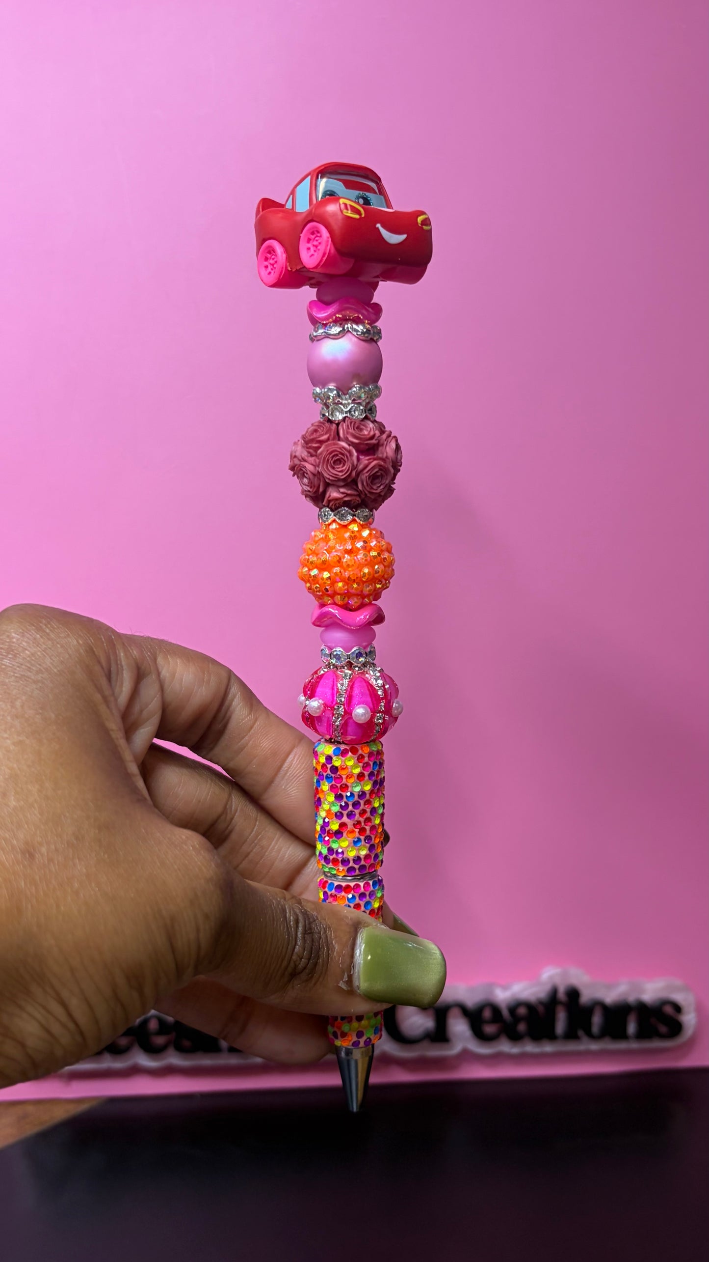Matching Neon Race Car & Tow Truck Beaded Rhinestone Pens