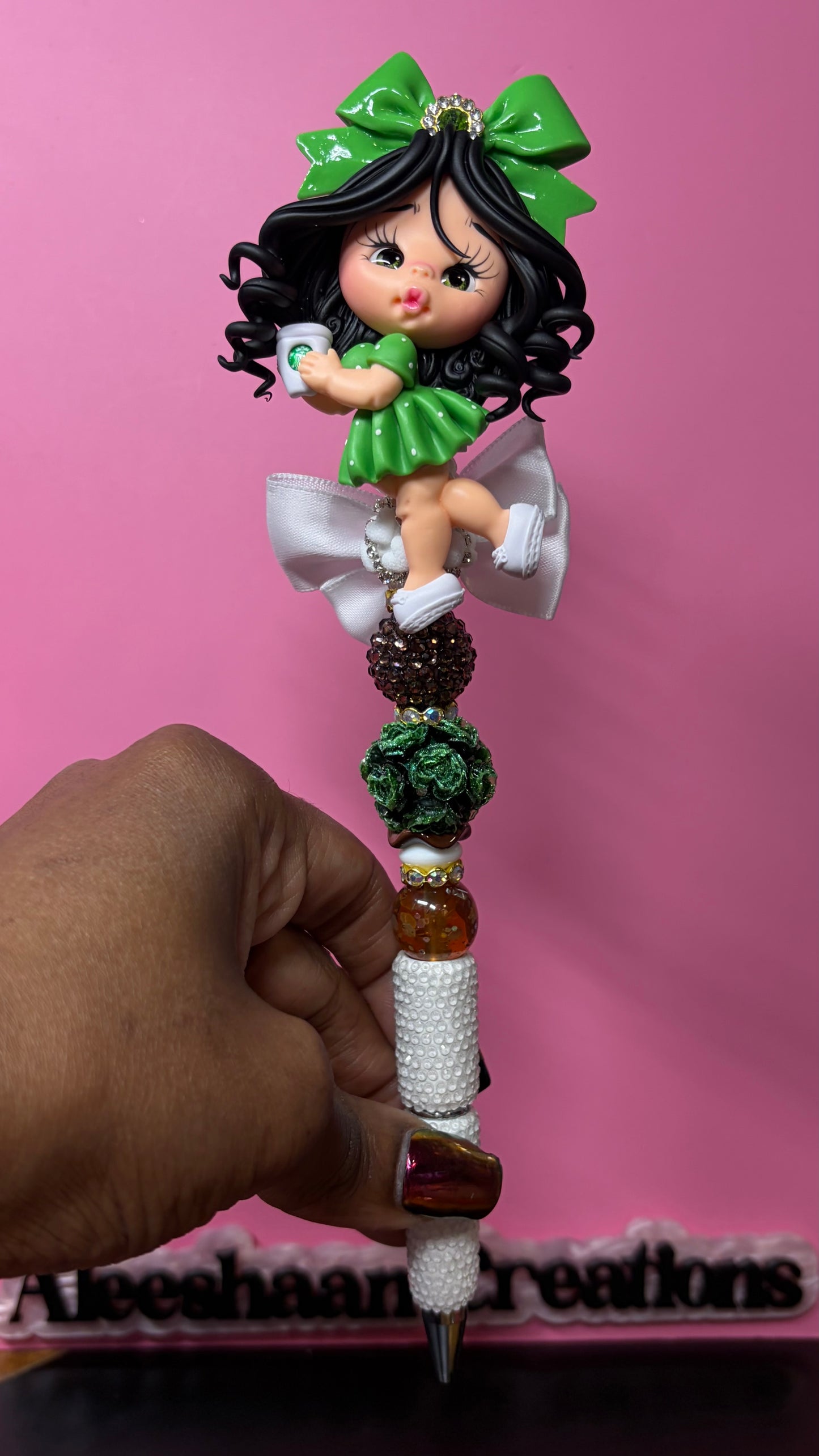 Coffee Lover Clay Doll Beaded Rhinestone Pen
