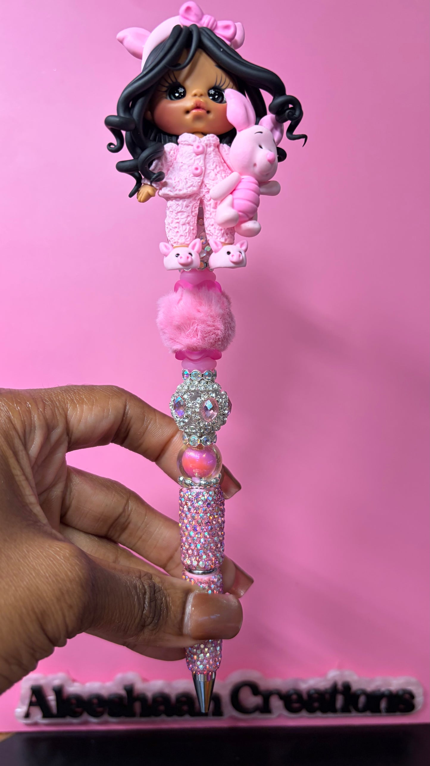 Pink Pajama Girl Clay Doll Beaded Rhinestone Pen