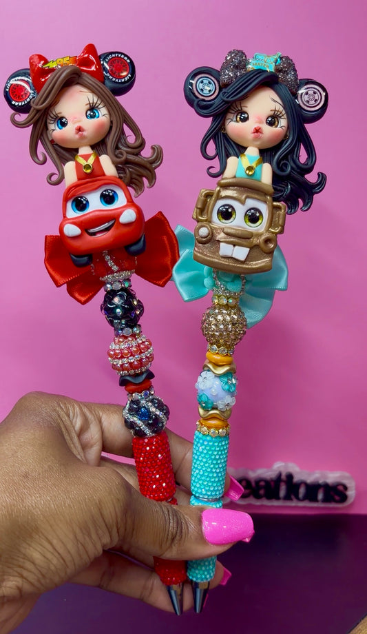 Race Car & Tow Truck Girl Clay Doll Rhinestone Pen