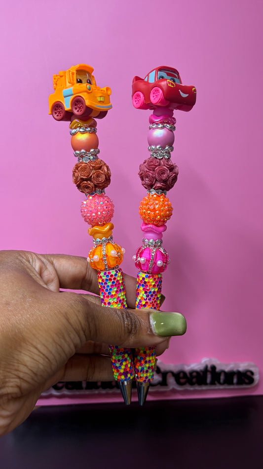 Matching Neon Race Car & Tow Truck Beaded Rhinestone Pens