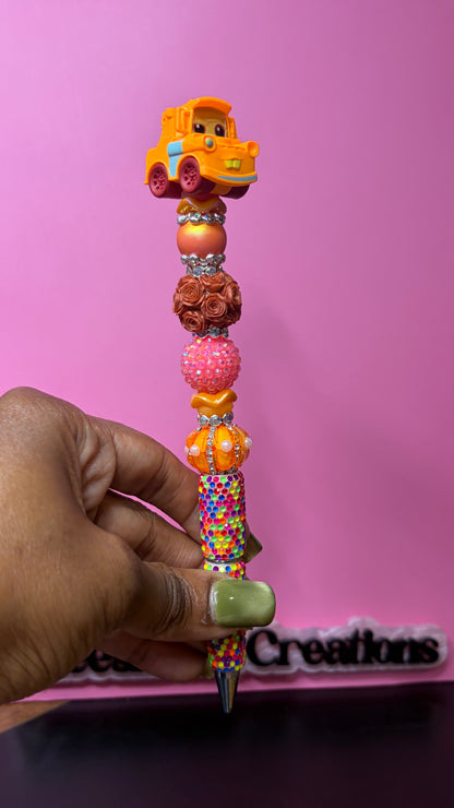 Matching Neon Race Car & Tow Truck Beaded Rhinestone Pens