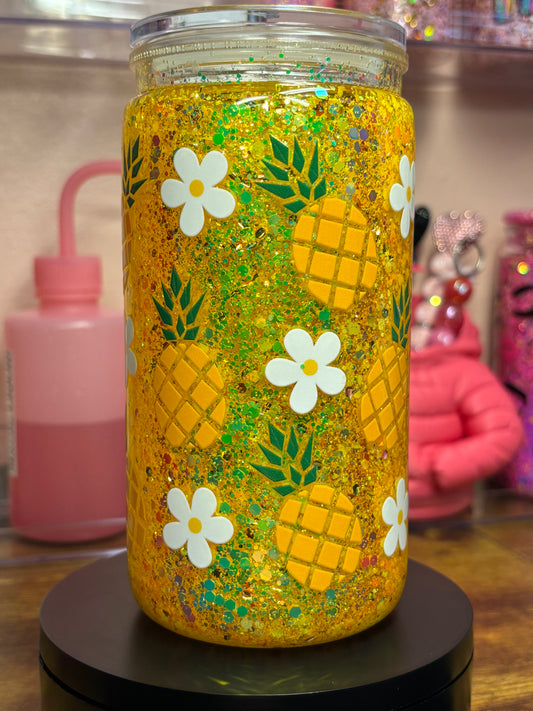 Pineapple Glitter Acrylic Snow Globe Cup - 16 oz Premade