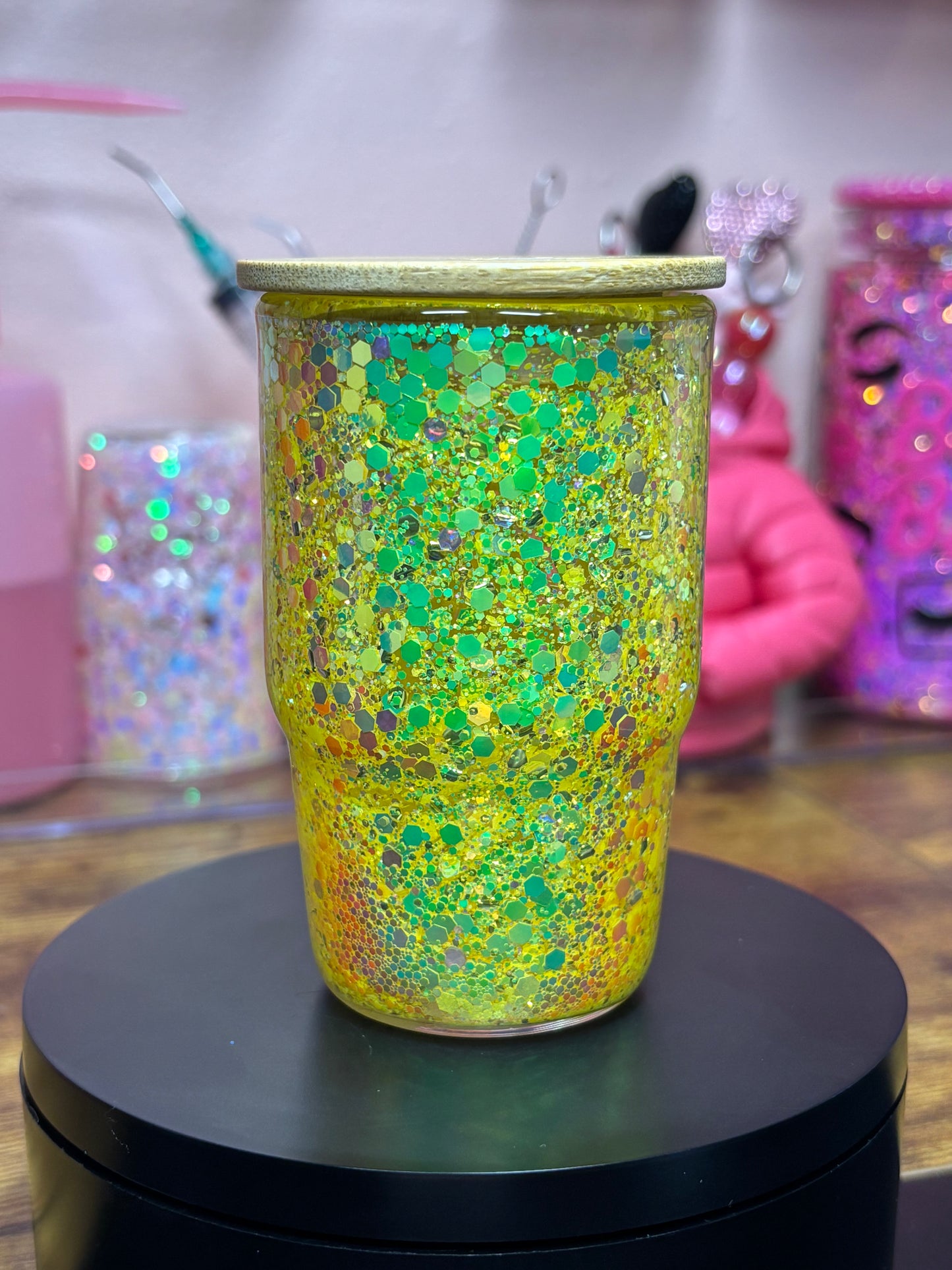 Glitter Filled Shot Glass with Bamboo Lid & Straw - 3 oz Premade (4 Colors Available)