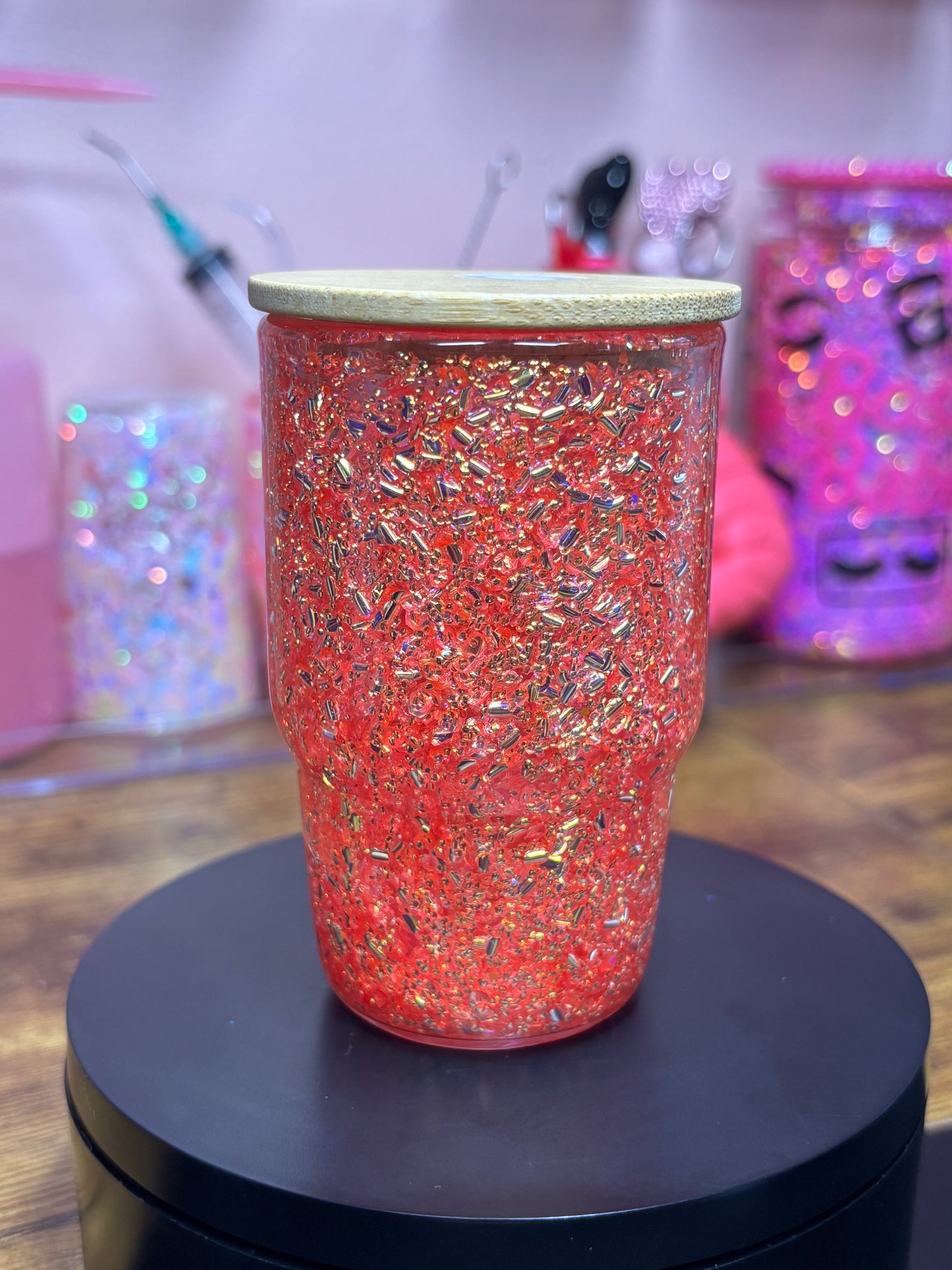 Glitter Filled Shot Glass with Bamboo Lid & Straw - 3 oz Premade (4 Colors Available)