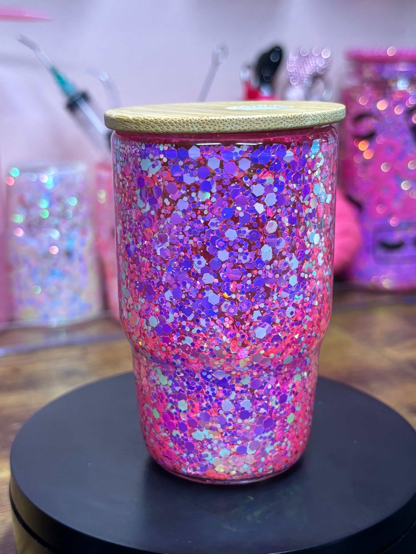 Glitter Filled Shot Glass with Bamboo Lid & Straw - 3 oz Premade (4 Colors Available)