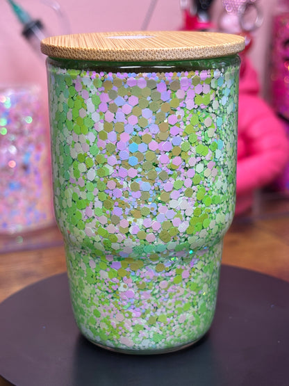 Glitter Filled Shot Glass with Bamboo Lid & Straw - 3 oz Premade (4 Colors Available)
