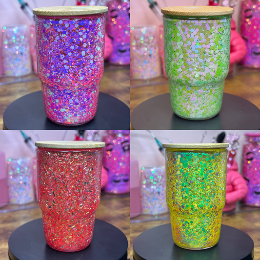 Glitter Filled Shot Glass with Bamboo Lid & Straw - 3 oz Premade (4 Colors Available)